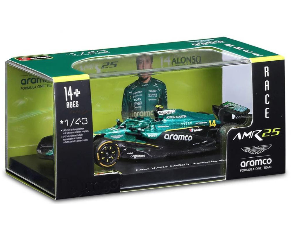Aston Martin AMR25 #14 Fernando Alonso F1 2025 – 1:43 Diecast Model with Pilot & Display Case (Bb)